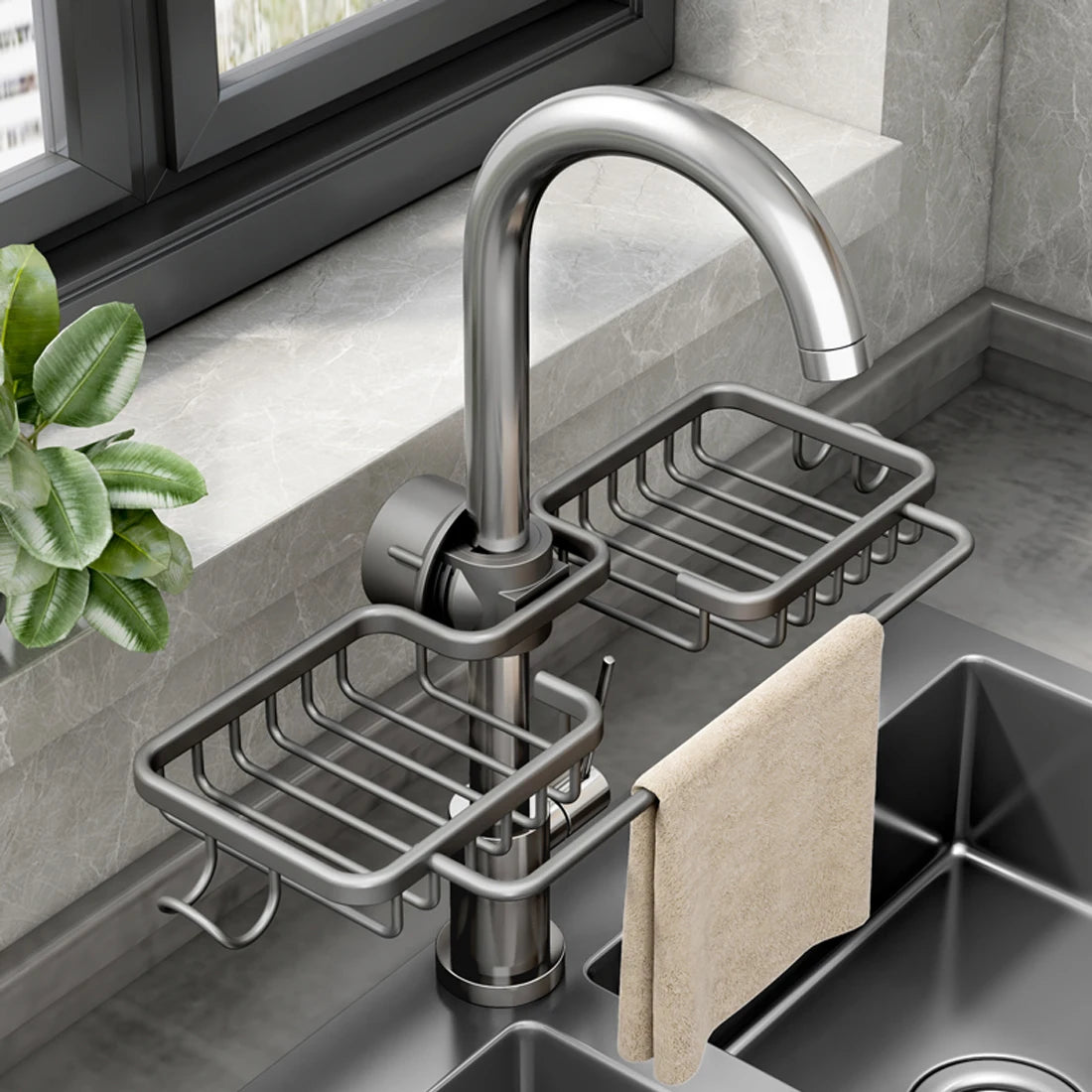 Two-tier aluminum sink drain rack with over-faucet mount and towel bar, silver