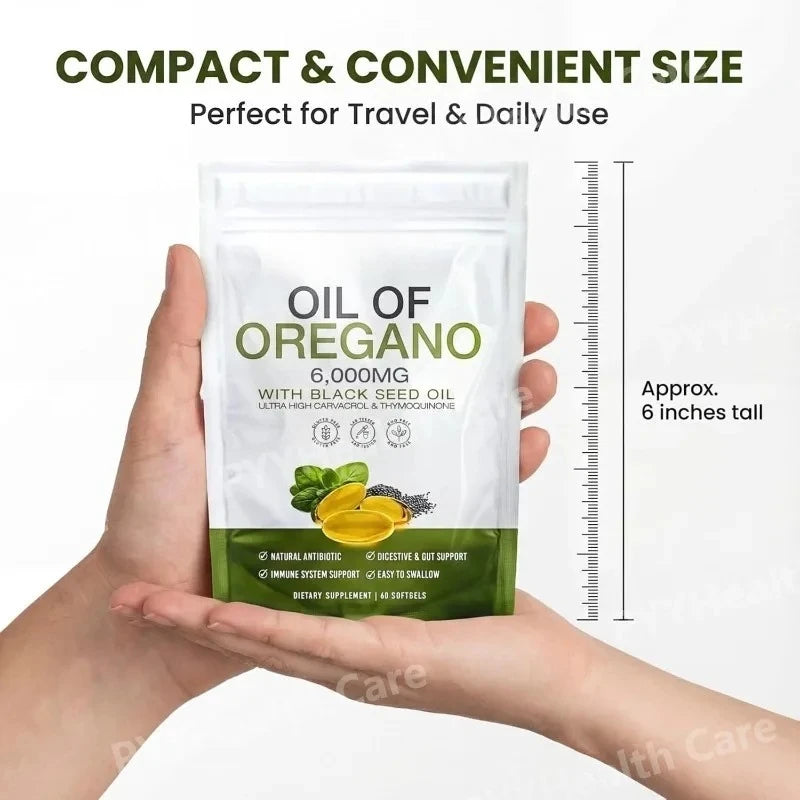 Oregano oil softgels pouch with black seed oil by S And B Enterprise; travel-friendly 60 capsules