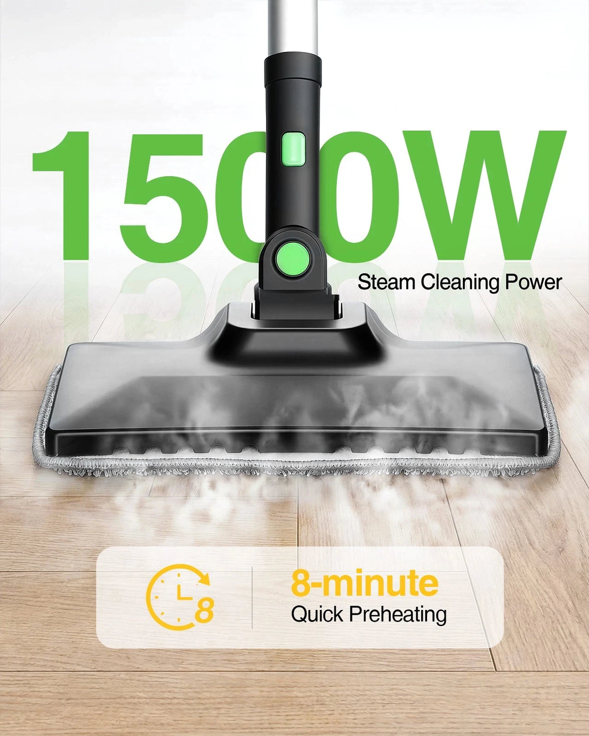 TaskStar handheld steam cleaner 1500W with black body and green accents, flat steam head on wood floor