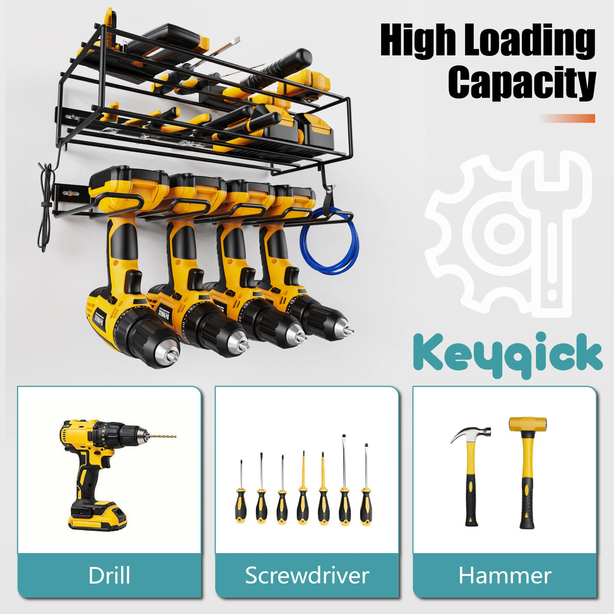 Set of heavy-duty black metal wall-mounted tool rack with double layers for drills and accessories, S And B Enterprise