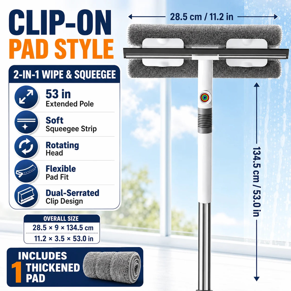 Joybos 2-in-1 window squeegee with 53 in extendable pole, microfiber pad, and rotating head