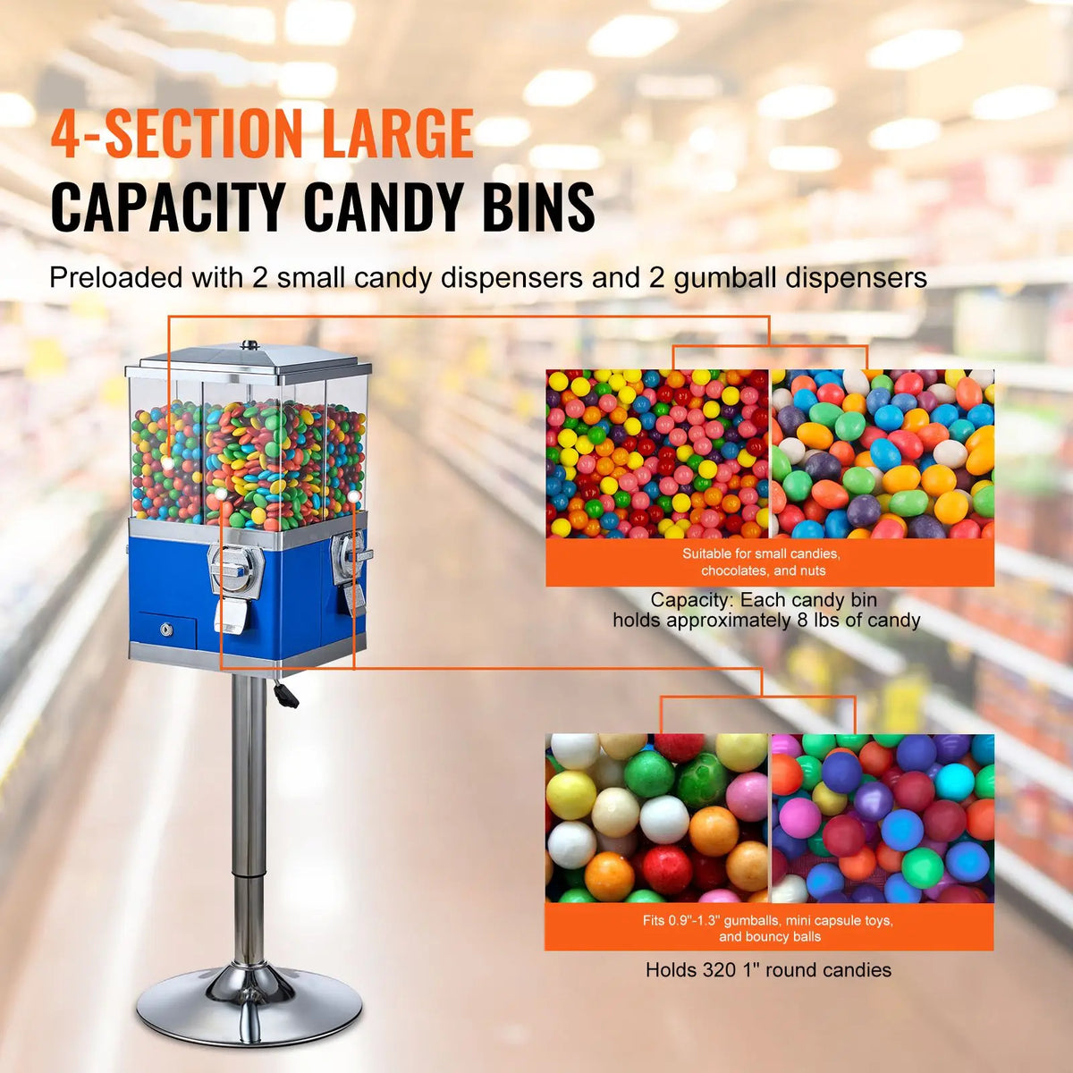 Commercial four-section rotatable candy dispenser on a metal stand, blue base, by S And B Enterprise
