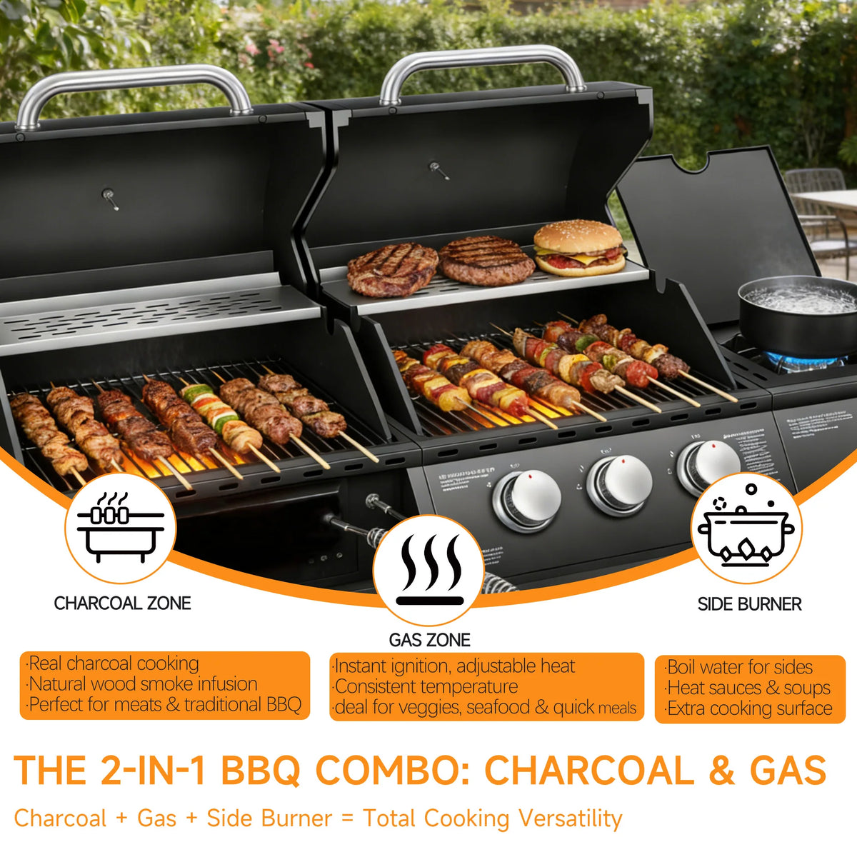 Dual Fuel Gas And Charcoal Grill With Side Burner 40,000 BTU by S And B Enterprise