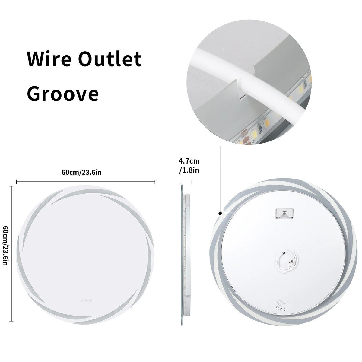 Circular LED bathroom mirror by S And B Enterprise; anti-fog, backlit, shatterproof, wall-mounted, 3 light colors.