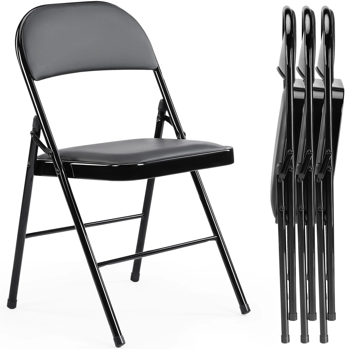 JHK leather-padded folding chairs, black metal frames with gray upholstered seats, 4-pack