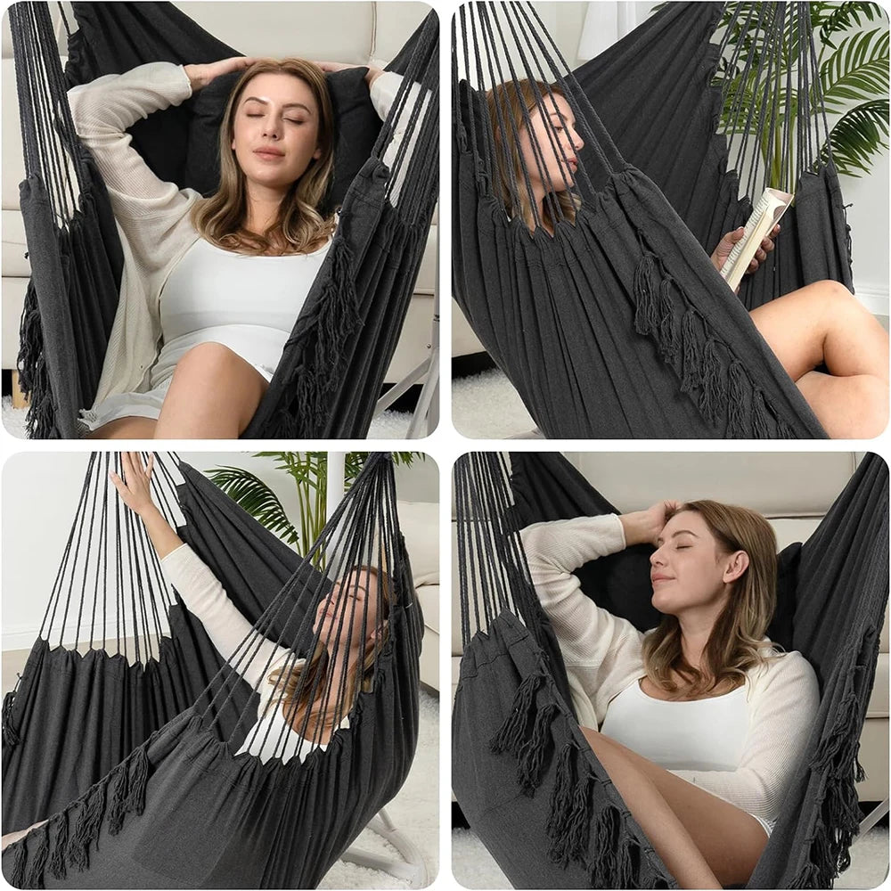 Macrame hanging chair with 2 pillows in black cotton rope, indoor/outdoor use, 500lb capacity