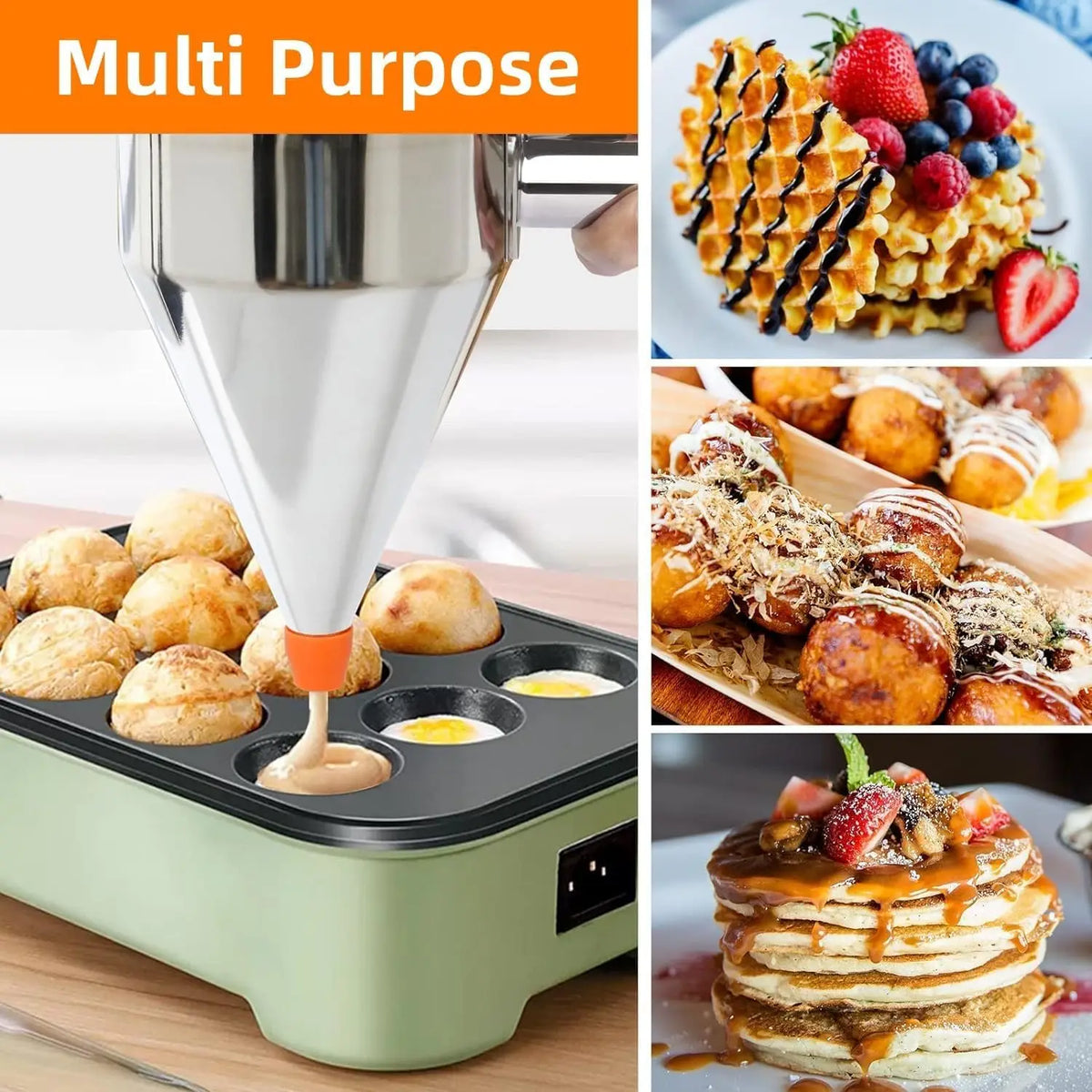 Pancake batter dispenser with 4 nozzles and stand; stainless steel funnel, green base for baking treats.