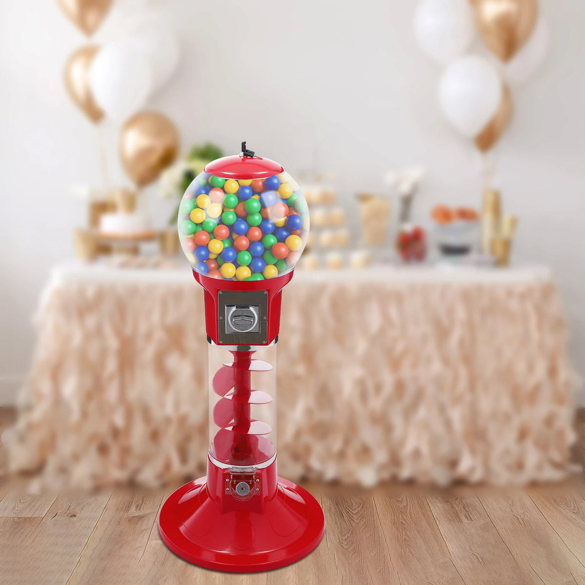 Twister ball vending machine, red freestanding cylindrical model by S And B Enterprise with globe of colorful balls.