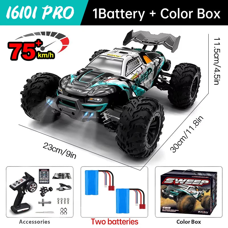 WLtoys 16101 Pro 1:16 4WD RC monster truck with LED lights, blue/black body, includes two batteries