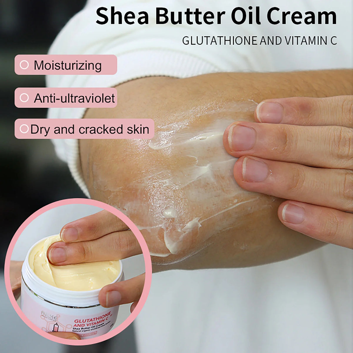 AILKE Glutathione & Vitamin C Shea Butter Cream in a white jar with a pink label, body and face moisturizer