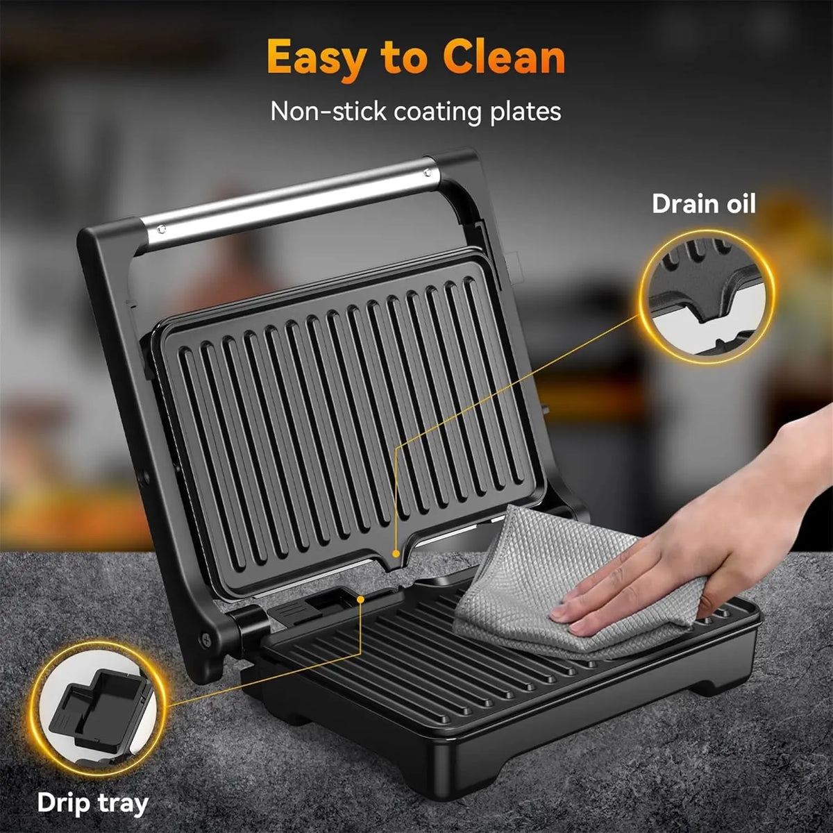 Panini grill press, 1200W sandwich maker fits 2 slices, ribbed non-stick plates, drip tray.