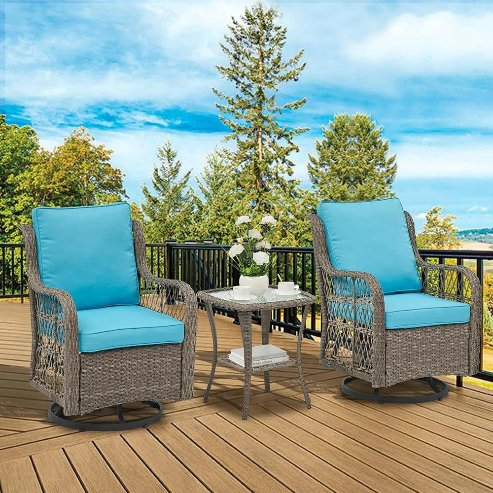 HiMISS 3-Piece Wicker Swivel Rocking Patio Set With Glass Table