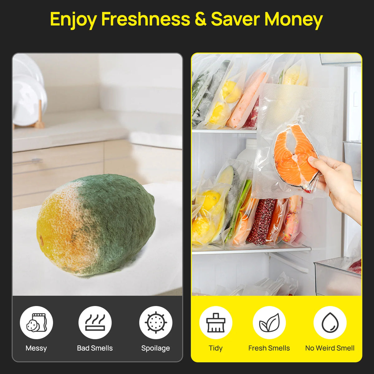 Seatao VH5188 vacuum sealer in use; hand seals salmon in a bag in the fridge with freshness vs spoilage icons