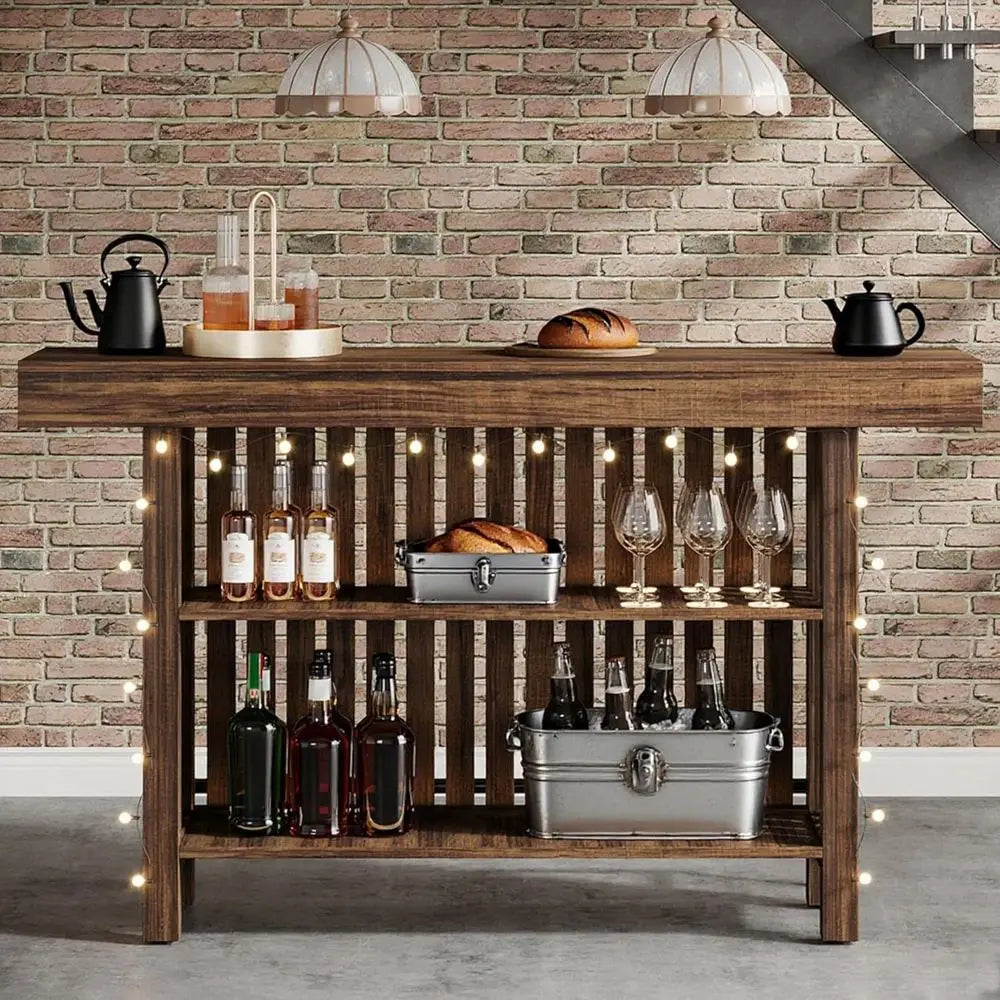 Rustic Home Bar Table With 2-Tier Storage
