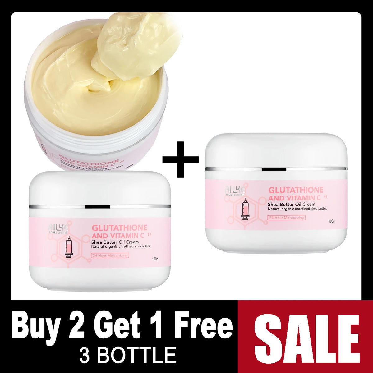 AILKE Glutathione & Vitamin C Shea Butter Cream jars (2) with pale yellow cream, 100g each.