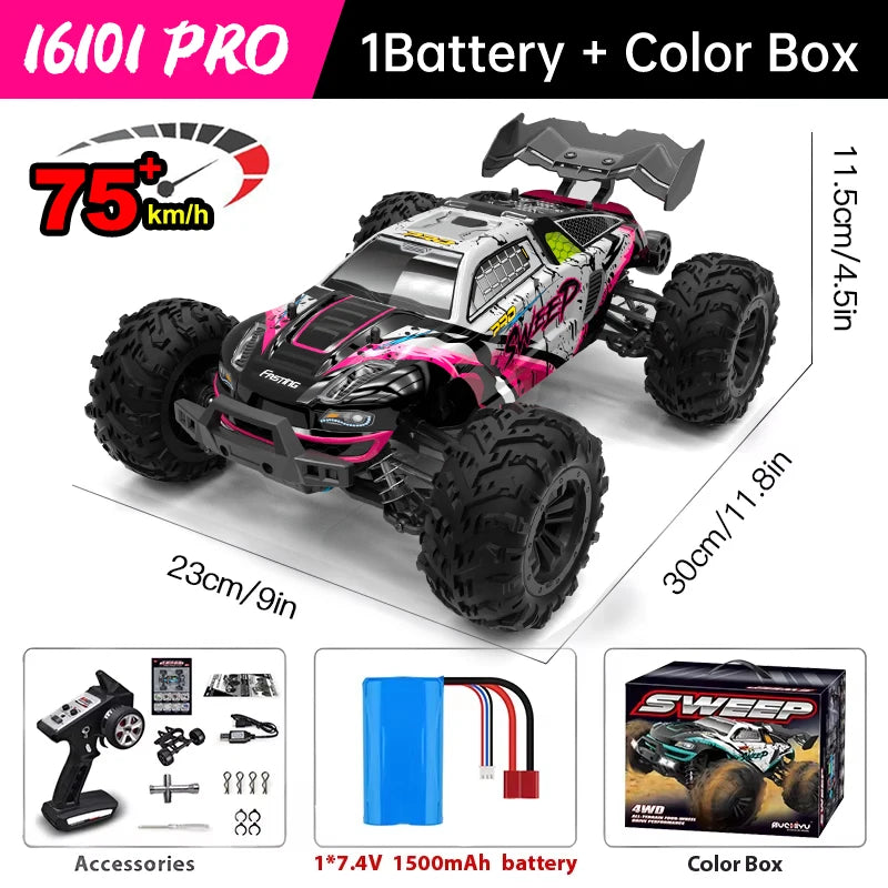 WLtoys 16101 Pro 1:16 4WD RC monster car, pink/black, with remote and blue 7.4V 1500mAh battery, color box