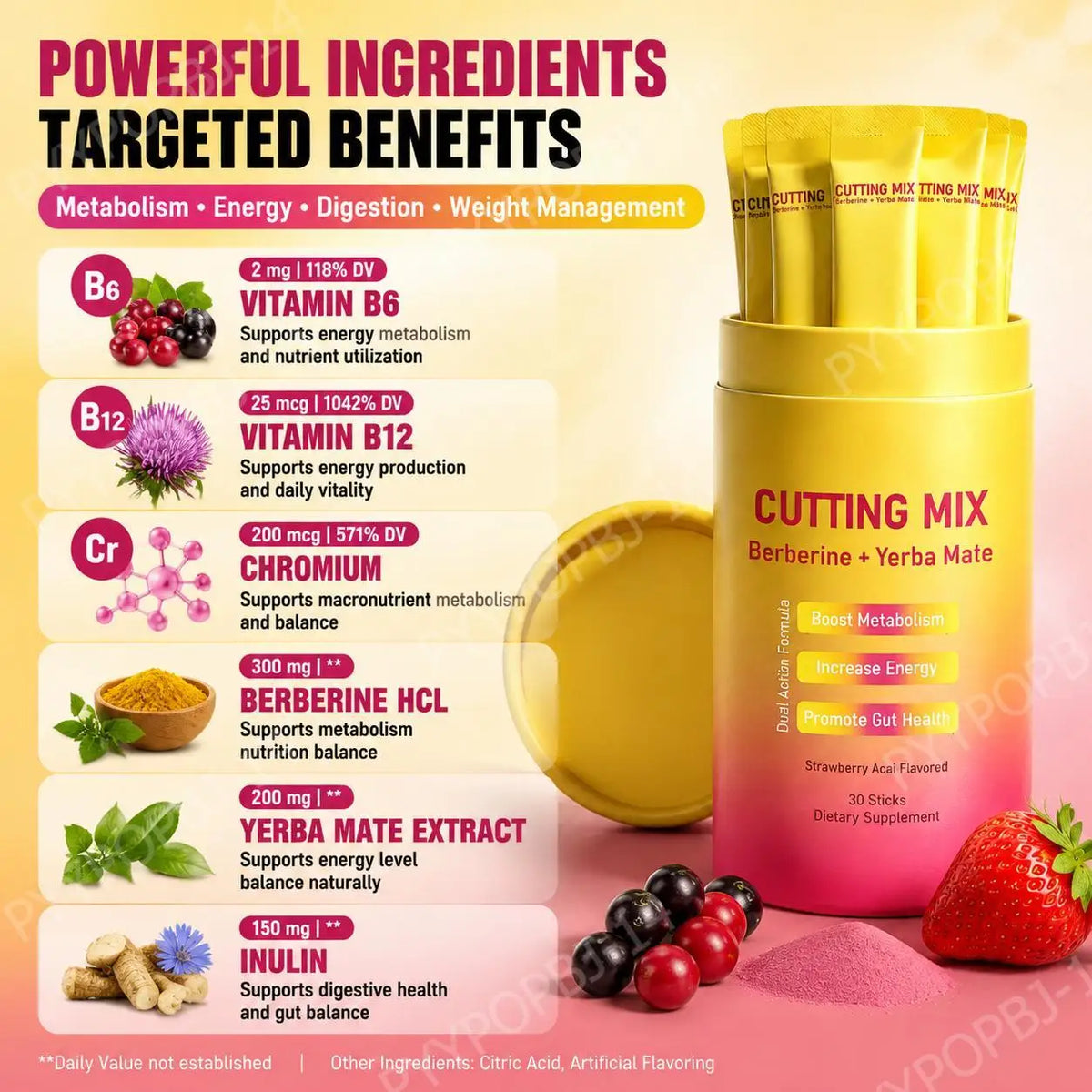 Cutting Mix Berberine + Yerba Mate drink mix sticks, 30 sticks, bright yellow bottle
