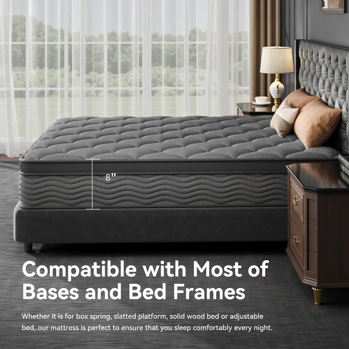 8 & 10 Inch Twin-Size Hybrid Mattress by S And B Enterprise, medium-firm with pocket springs on a gray tufted bed.