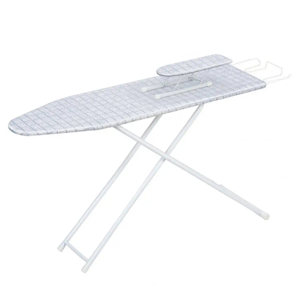Full-Size Foldable Ironing Board 42 Inch with blue plaid heat-resistant cover, height adjustable, non-slip legs
