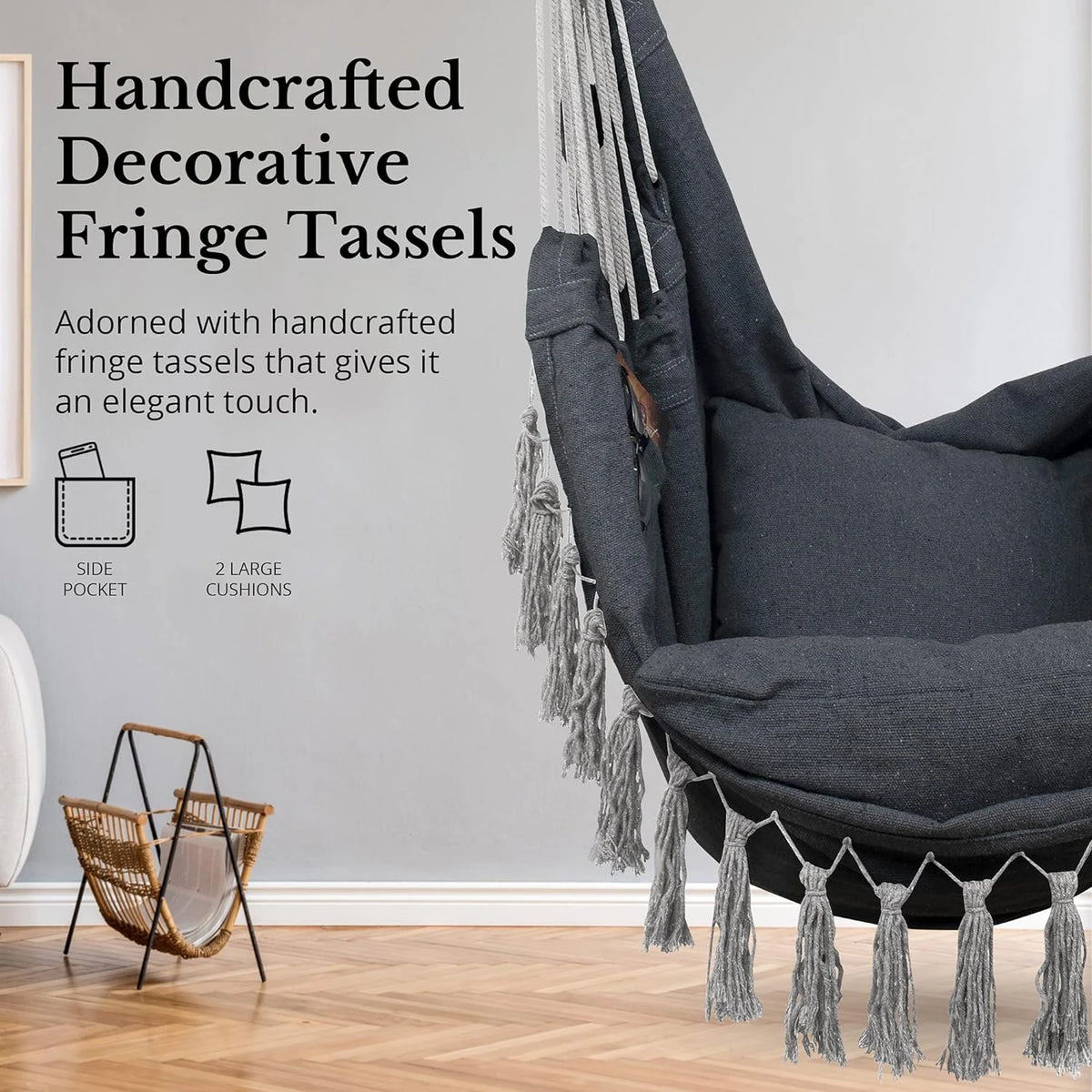 Macrame hanging chair in dark gray cotton rope with long fringe tassels
