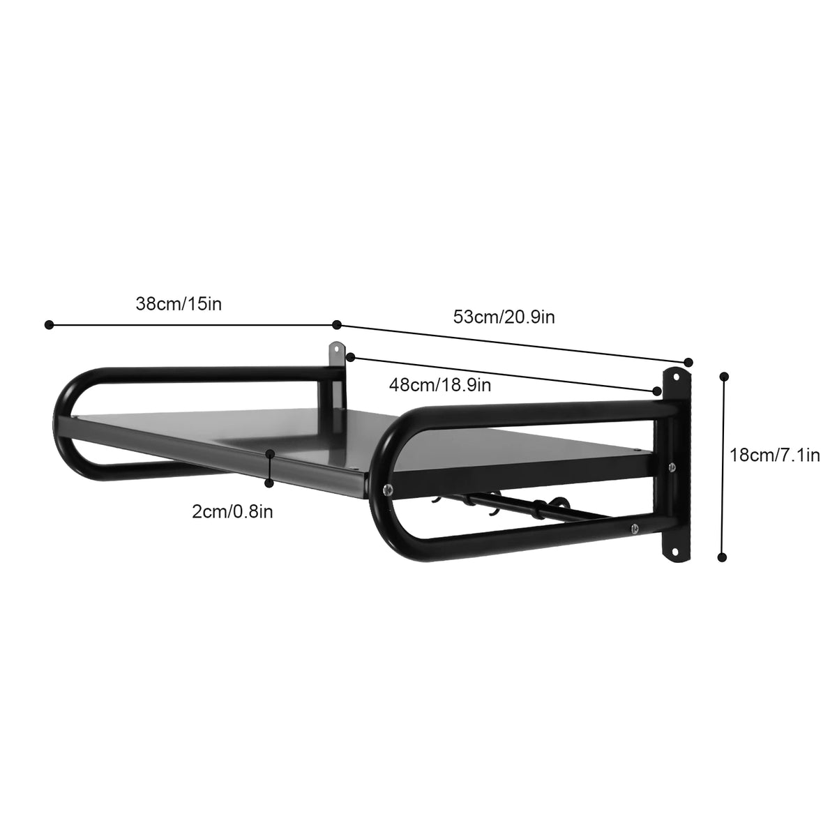 Carbon steel wall-mount microwave shelf in black metal with a heavy-duty frame and guard rails.