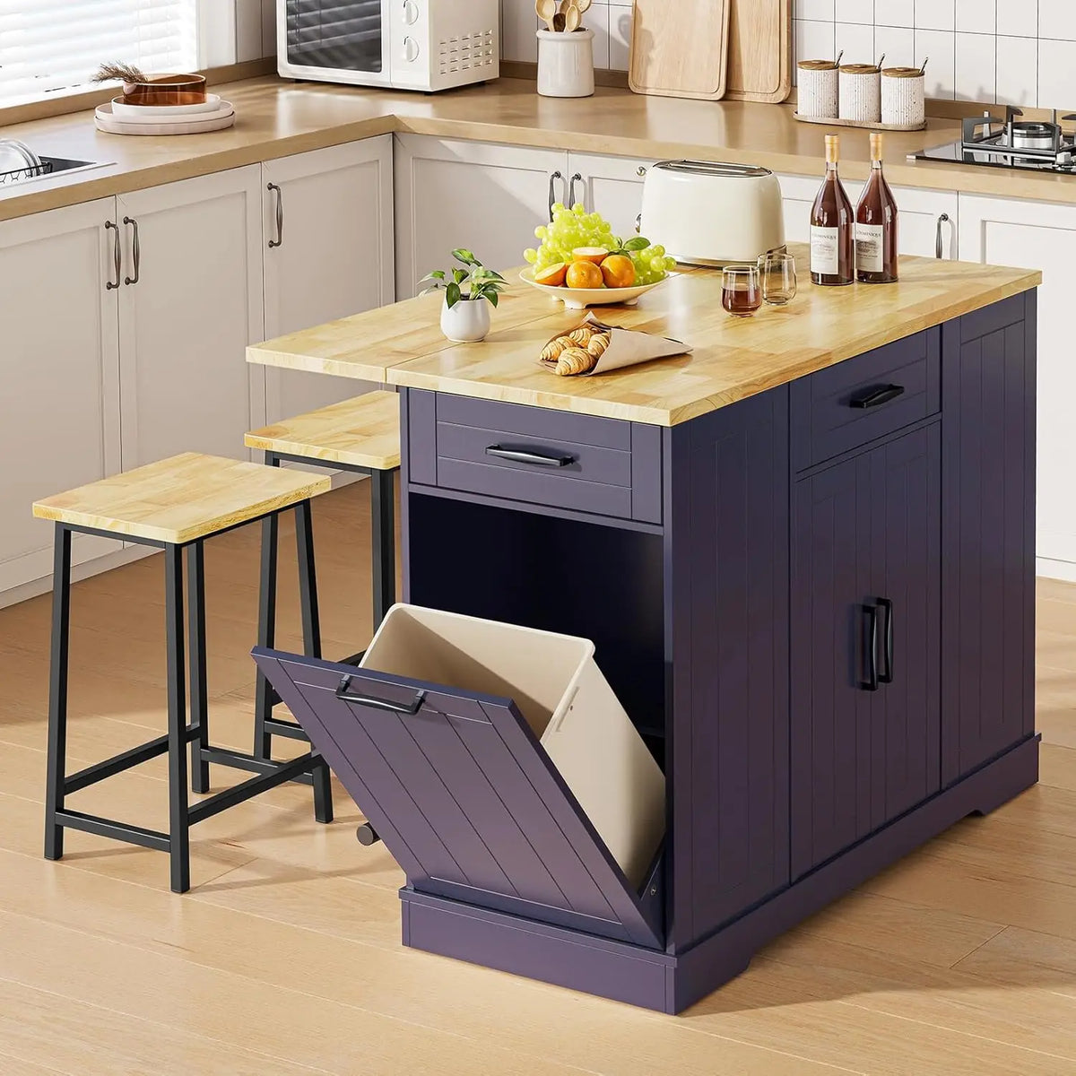 ONBRILL Stationary Kitchen Island With Storage And Two Chairs by S And B Enterprise