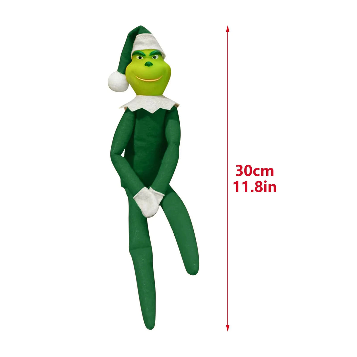 Christmas elf plush doll in green with white collar and hat, 30 cm tall.
