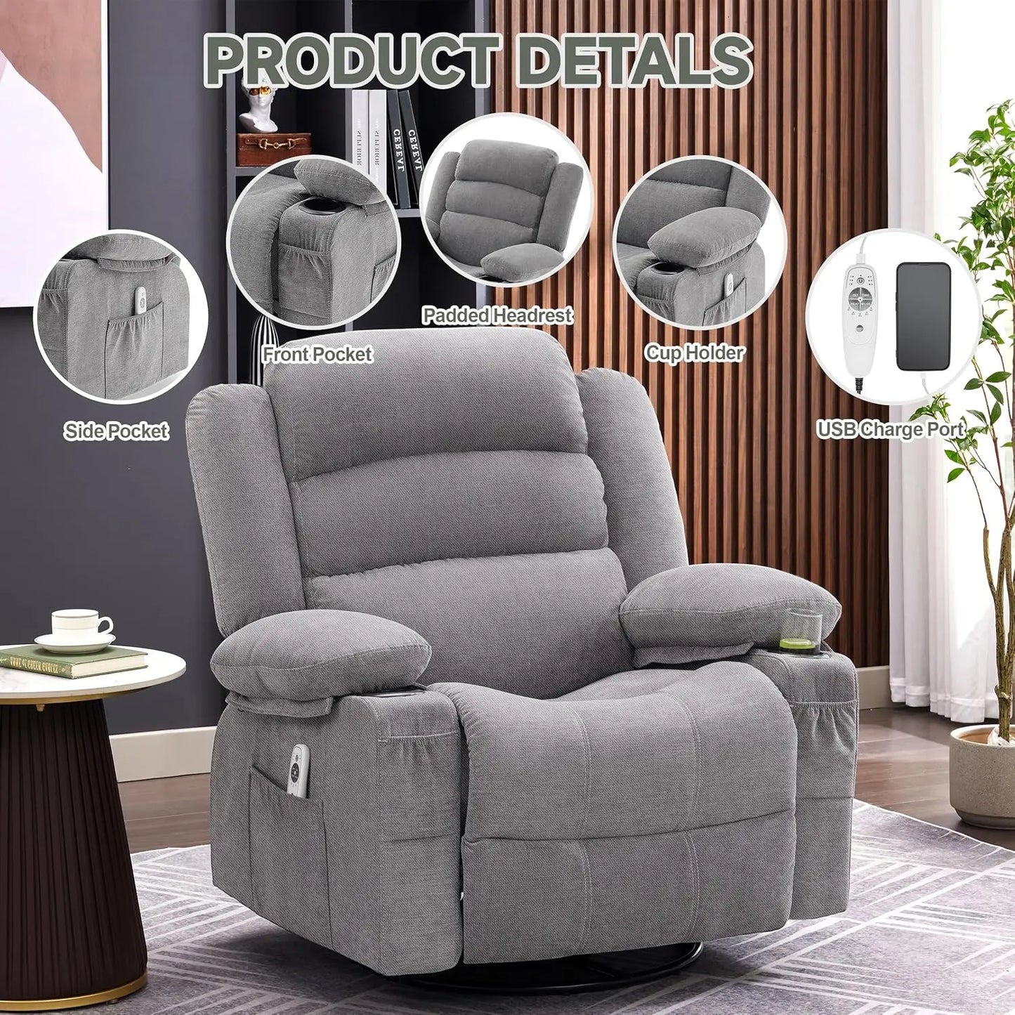 Rocker Recliner Chair With Heat And Massage 360 Swivel