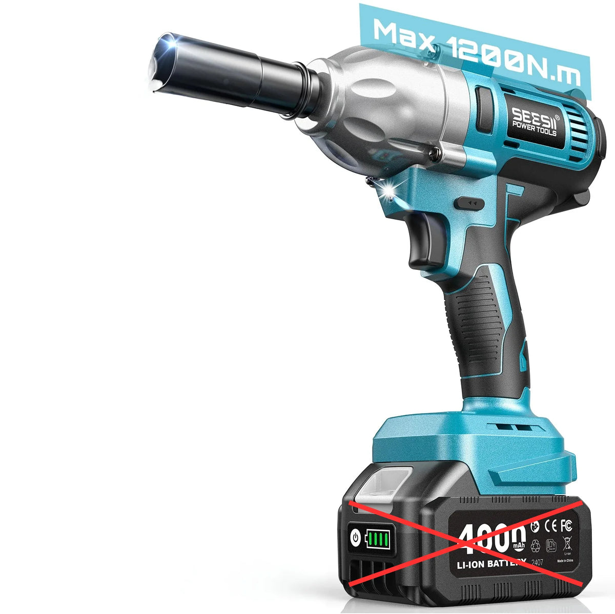 SEESI WH710 Pro cordless impact wrench with 4.0Ah battery, teal/black body and LED light