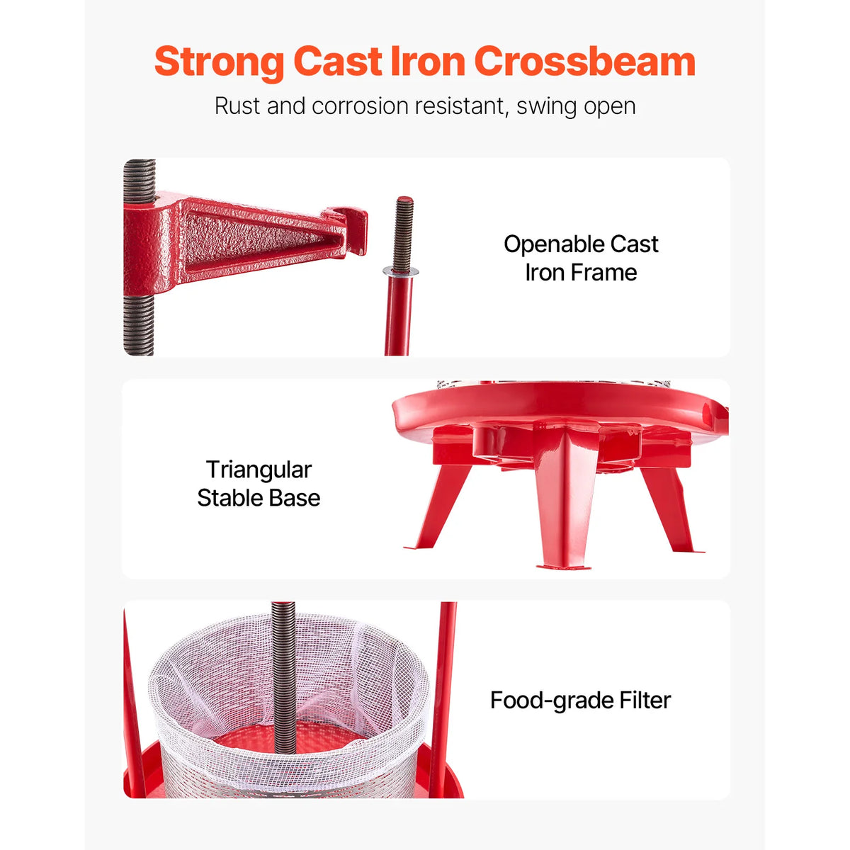 Red fruit wine press with cast-iron crossbeam, open frame and triangular base; includes filter basket