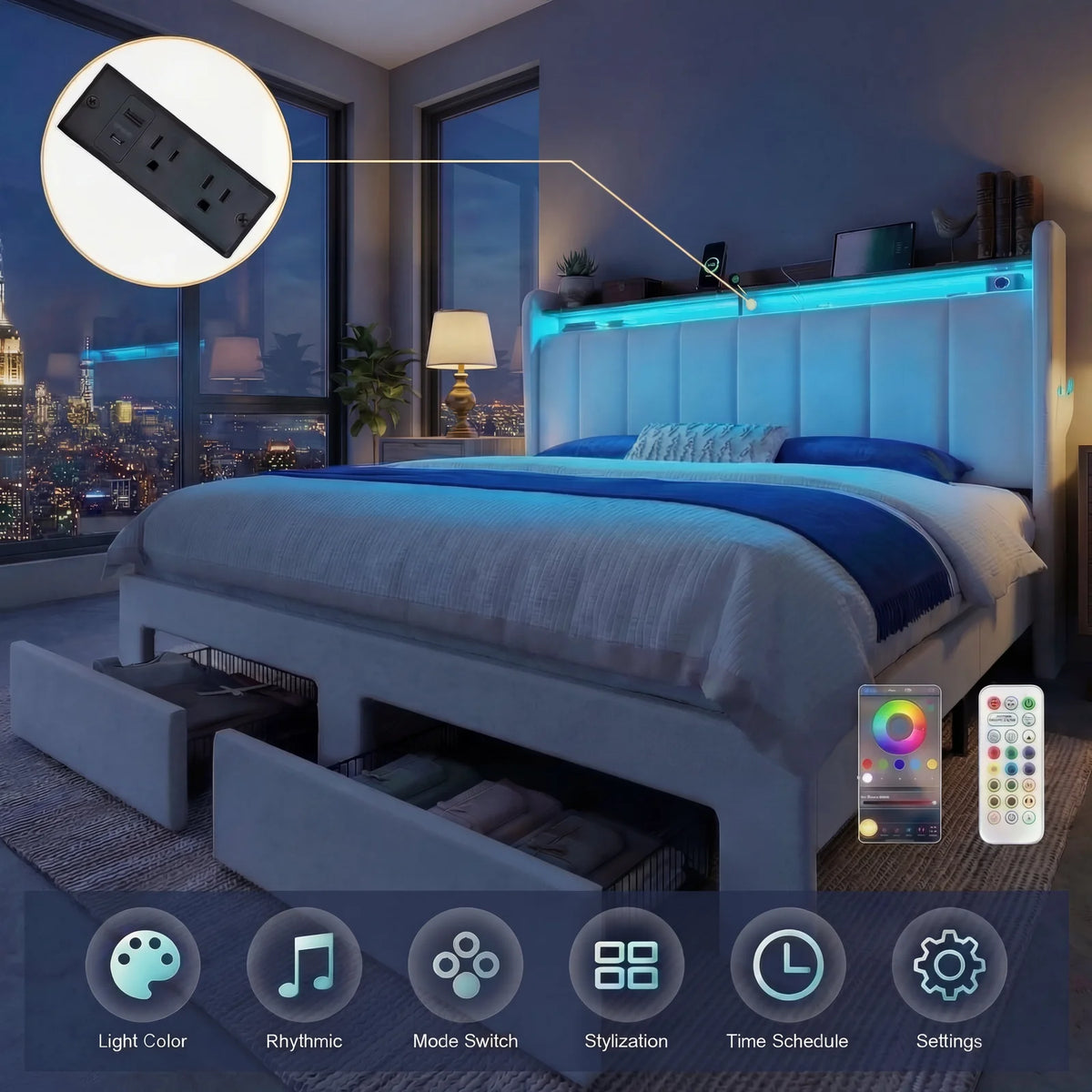 HOOMIC Bed Frame With Storage Drawers, Shelves, And LED Lighting by S And B Enterprise