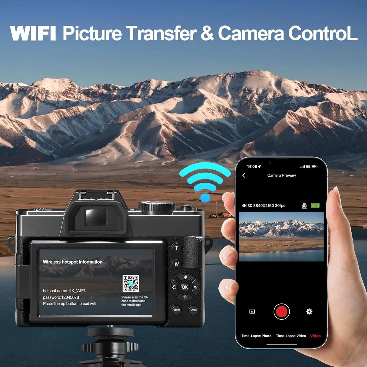 NBD 4K digital camera with 48MP sensor, 16x digital zoom, 180° flip screen, WiFi transfer via smartphone