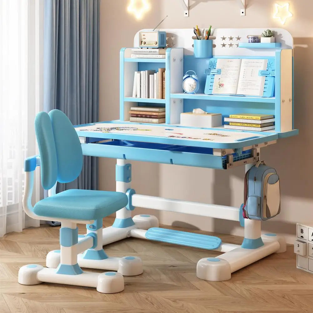 2Pcs Kids study desk and chair set; blue and white, height adjustable with book stand