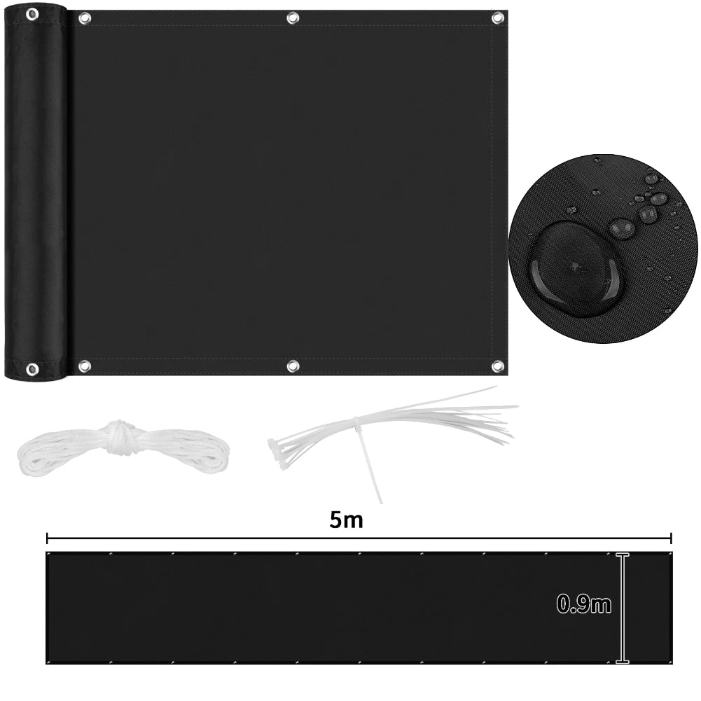 Black fence privacy screen with grommets; heavy-duty windscreen mesh, UV protection for outdoor use, 5m x 0.9m