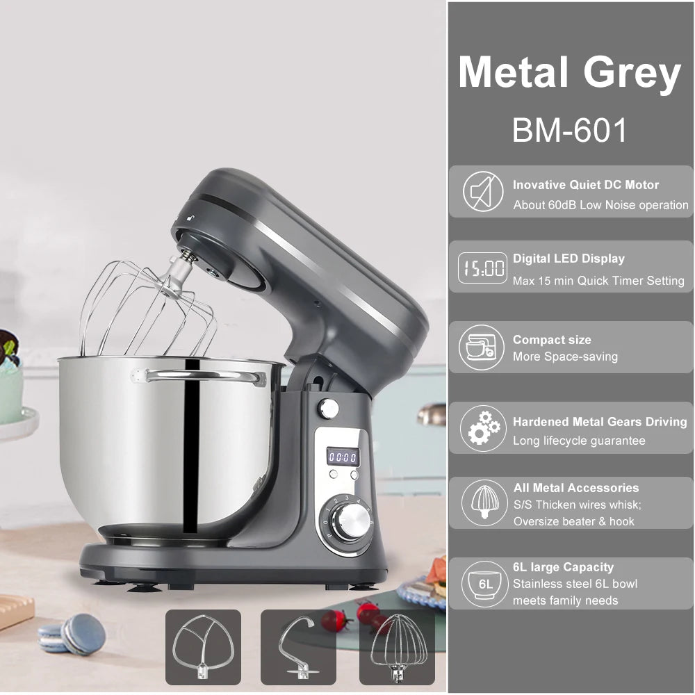 BioloMix metal gray stand mixer with 6L stainless steel bowl and whisk attachment