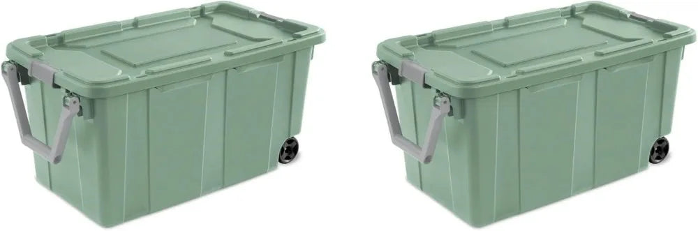 40Gal wheeled storage tote, sage green, stackable plastic bin, 2-pack
