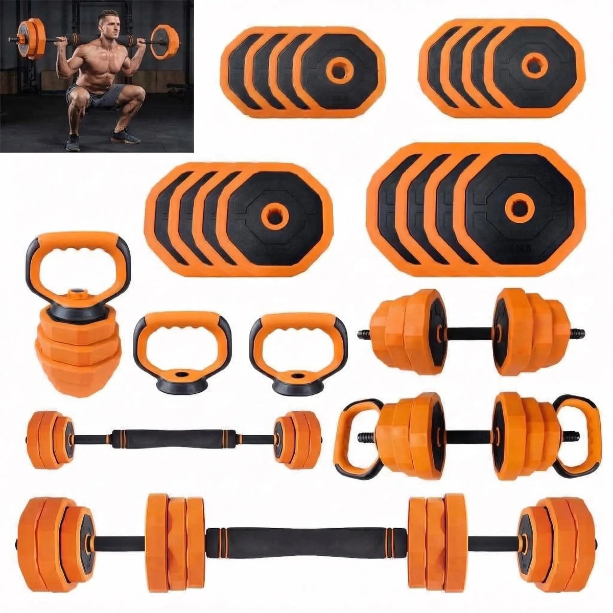 Adjustable dumbbell set with orange and black hex weight plates, bars, connectors, and push-up stand
