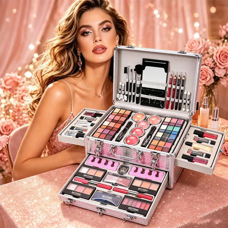 All-In-One Makeup Gift Kit by S And B Enterprise in pink-silver glitter case with mirror, palettes, lipsticks and brushes.