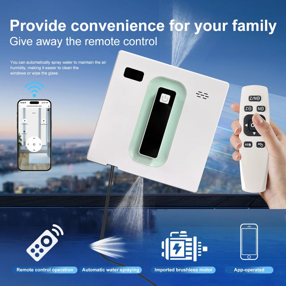 PuRuiKai window cleaning robot with app and remote control, white body with green trim and water spray.