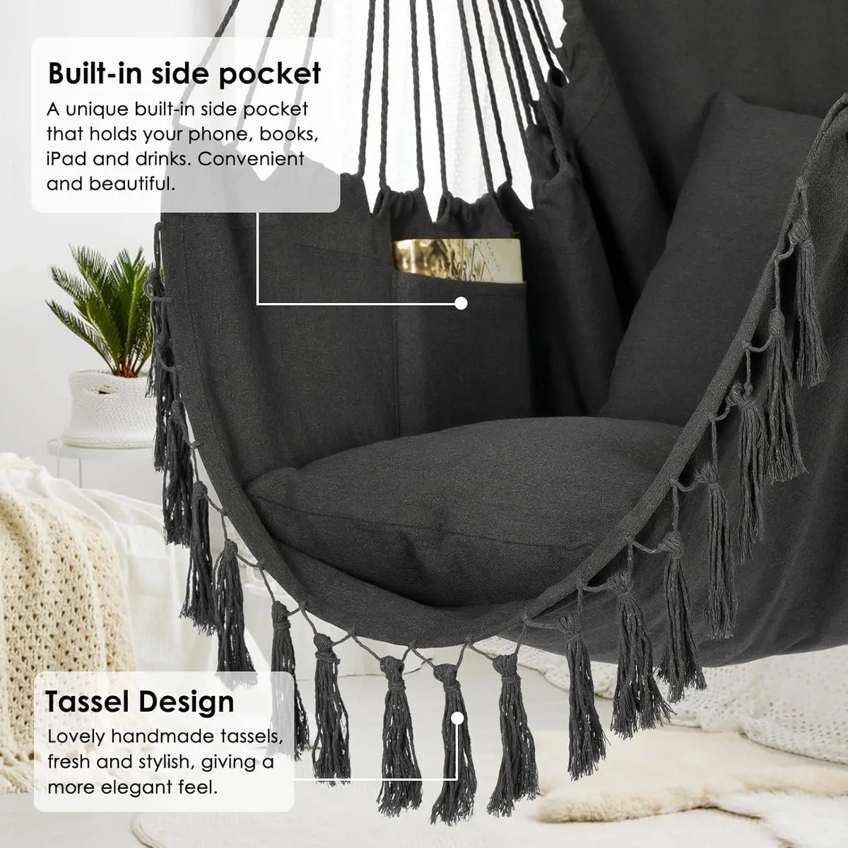 Macrame hanging chair in dark gray cotton rope with tassel fringe and built-in side pocket; indoor/outdoor use