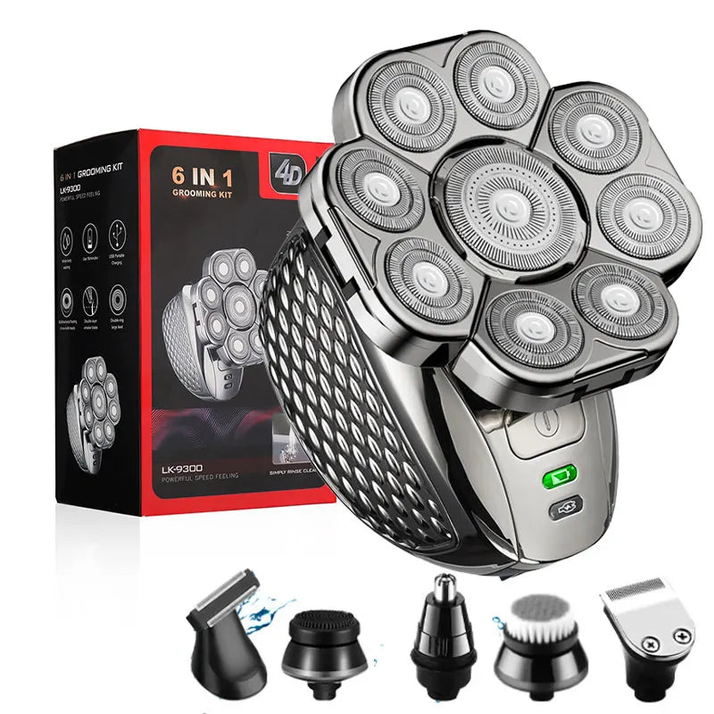 4D Head Shaver by S And B Enterprise with 9 floating heads, 6-in-1 grooming kit, rechargeable waterproof rotary razor