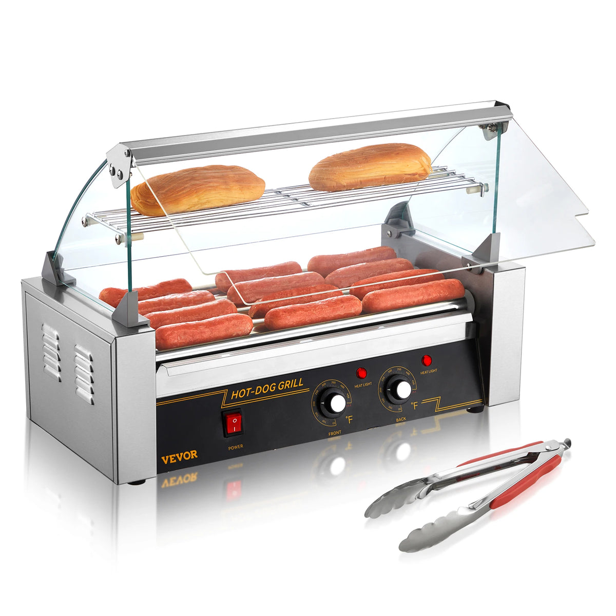 Commercial hot dog roller grill by VEVOR with glass guard; stainless steel, 110V, handles multiple sausages.