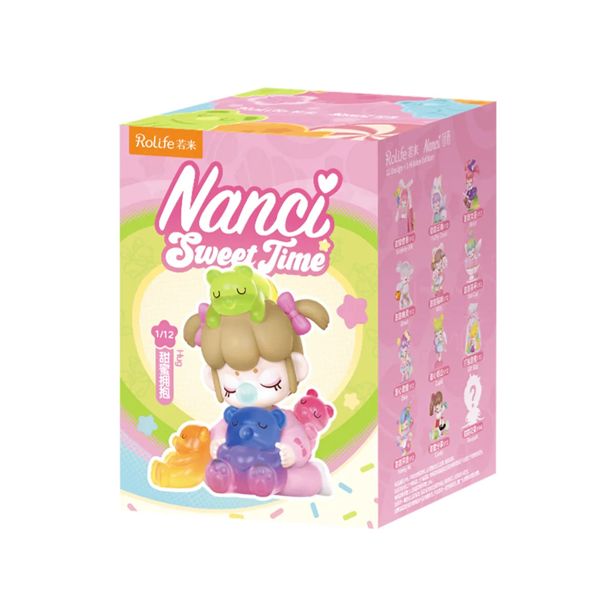 Rolife Nanci Sweet Time blind box; pink packaging shows a sleeping girl with a green frog on her head, 1 of 12 figures.