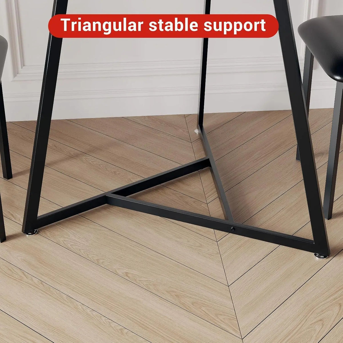 3 Piece Round Dining Table Set with 2 Upholstered Chairs, black metal legs and triangular base for small spaces