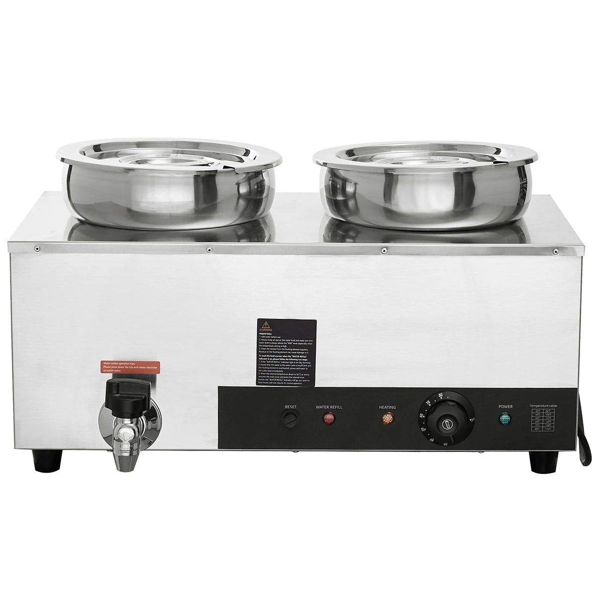 Electric soup warmer with two stainless steel kettles on a stainless base