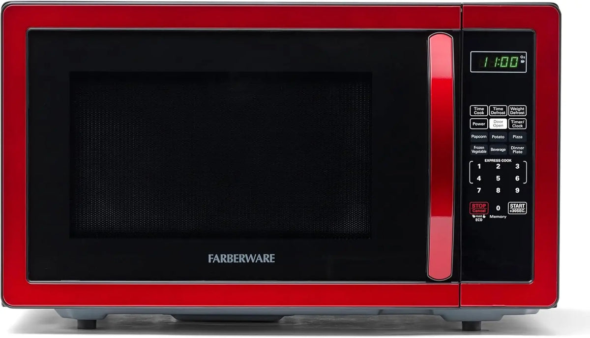 Farberware red countertop microwave oven with black door and right-side control panel.