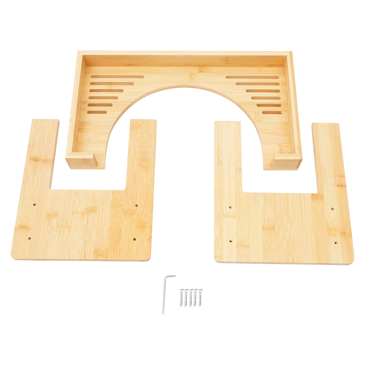 Adjustable bamboo toilet squatty stool by S And B Enterprise, disassembled with side panels and screws