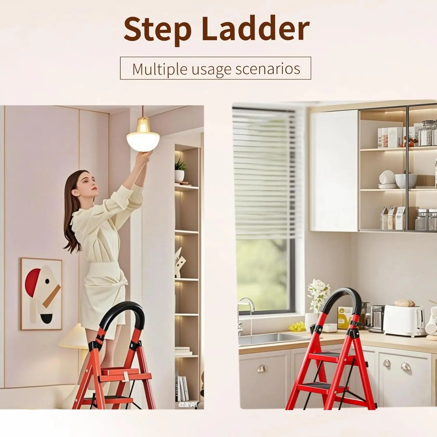 3 Step Folding Ladder Step Stool with Handrail and Tool Holde Portable Steel Frame Safety Ladder with Wide Anti Slip Steps Reinforced A Frame Structure Non Slip Rubber Feet Stable Climbing Ladder for Home Kitchen Office Garag by S And B Enterprise