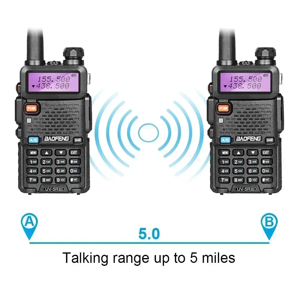 Two Baofeng UV-5R 5W tri-power handheld walkie talkies; dual-band, long-range portable radios.