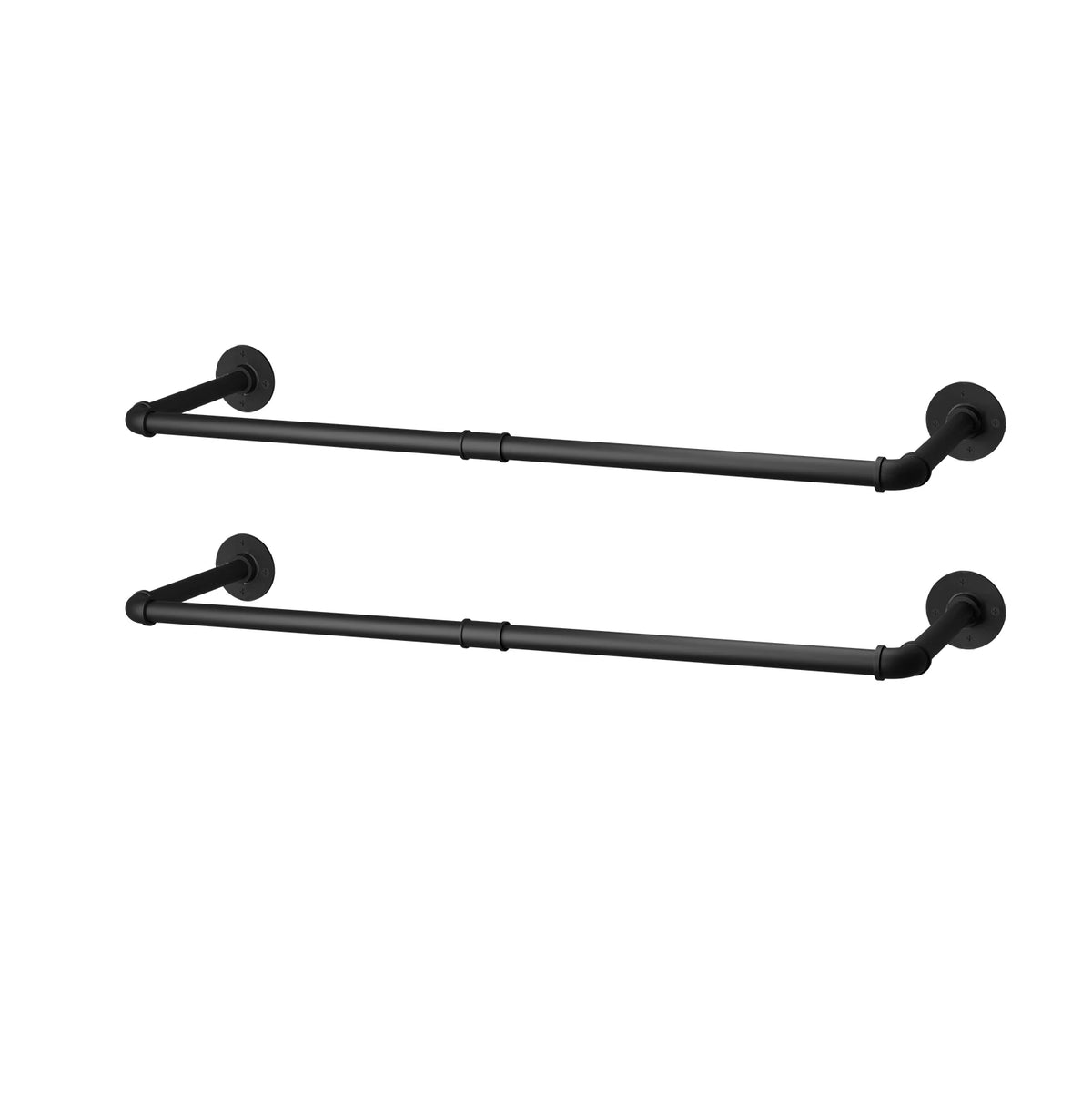 Pack of 2 black industrial pipe clothes rails for wall mounting with flange mounts